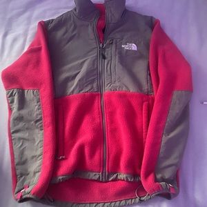 grey and pink north face jacket